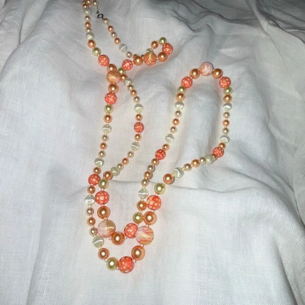 Vintage 1950s Art Glass Pearl Necklace Set 34” C Clasp &‎ 25” Layered Coral Pink